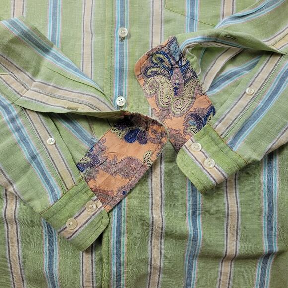 McKenzie Tribe Green Striped Linen Blend Flip Cuff Shirt size Medium - Picture 4 of 11